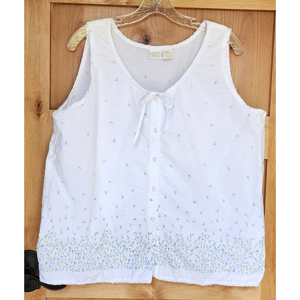 Vintage Gilligan O'Malley XXL 100% Cotto‎ White floral Sleeveless Button Shirt